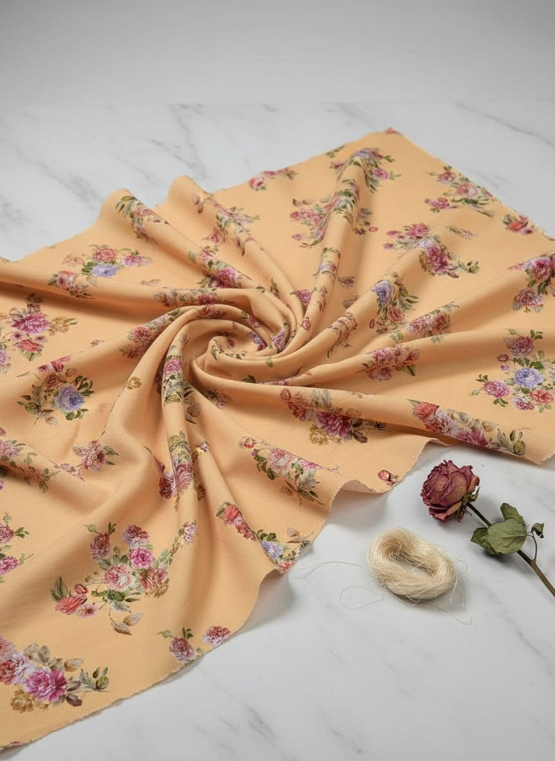 Peach Vintage Rose Bouquet Floral Silk Crepe Digital Printed Fabric
