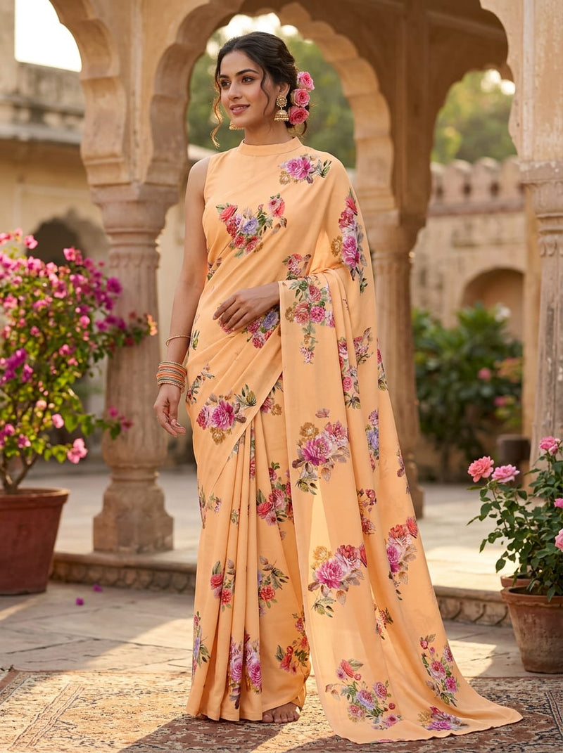 Peach Vintage Rose Bouquet Floral Silk Crepe Digital Printed Fabric