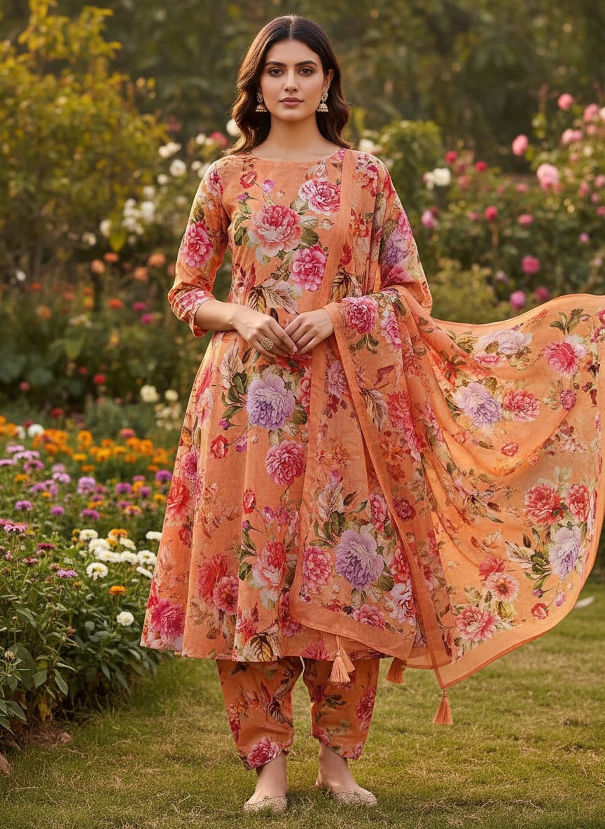 Peach Peony Garden Floral Pure Cotton Digital Printed Fabric