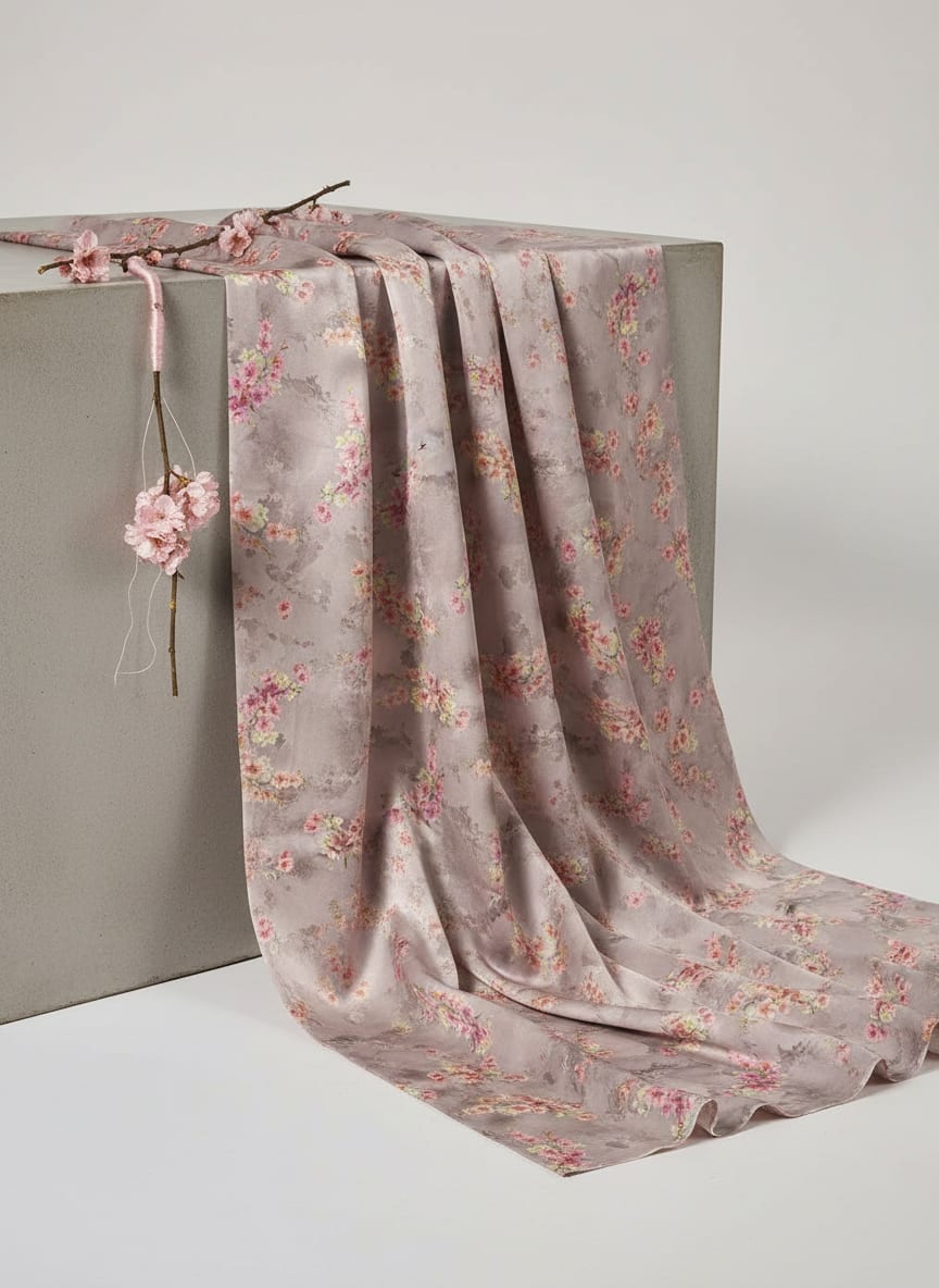 Grey Watercolour Cherry Blossom Floral Japan Satin Digital Printed Fabric