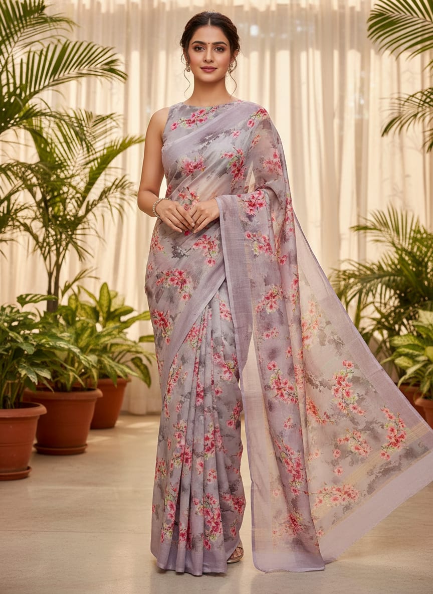 Grey and Pink Sakura Blossom Floral Kora Silk Digital Printed Fabric