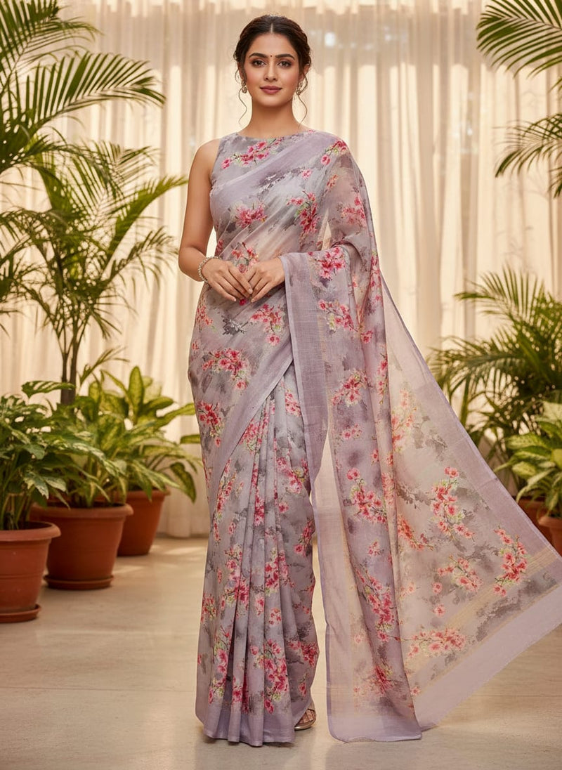 Grey and Pink Sakura Blossom Floral Kora Silk Digital Printed Fabric