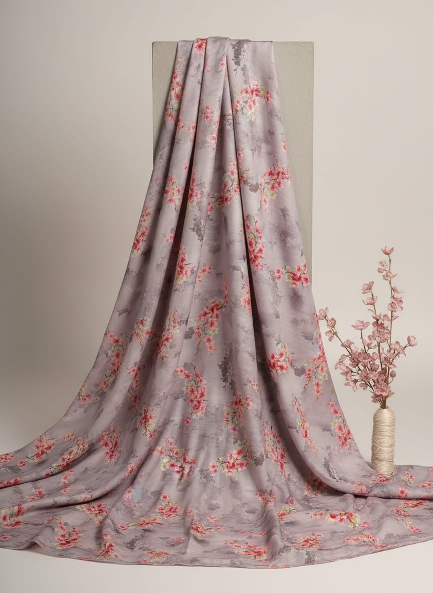 Grey and Pink Sakura Blossom Floral Kora Silk Digital Printed Fabric