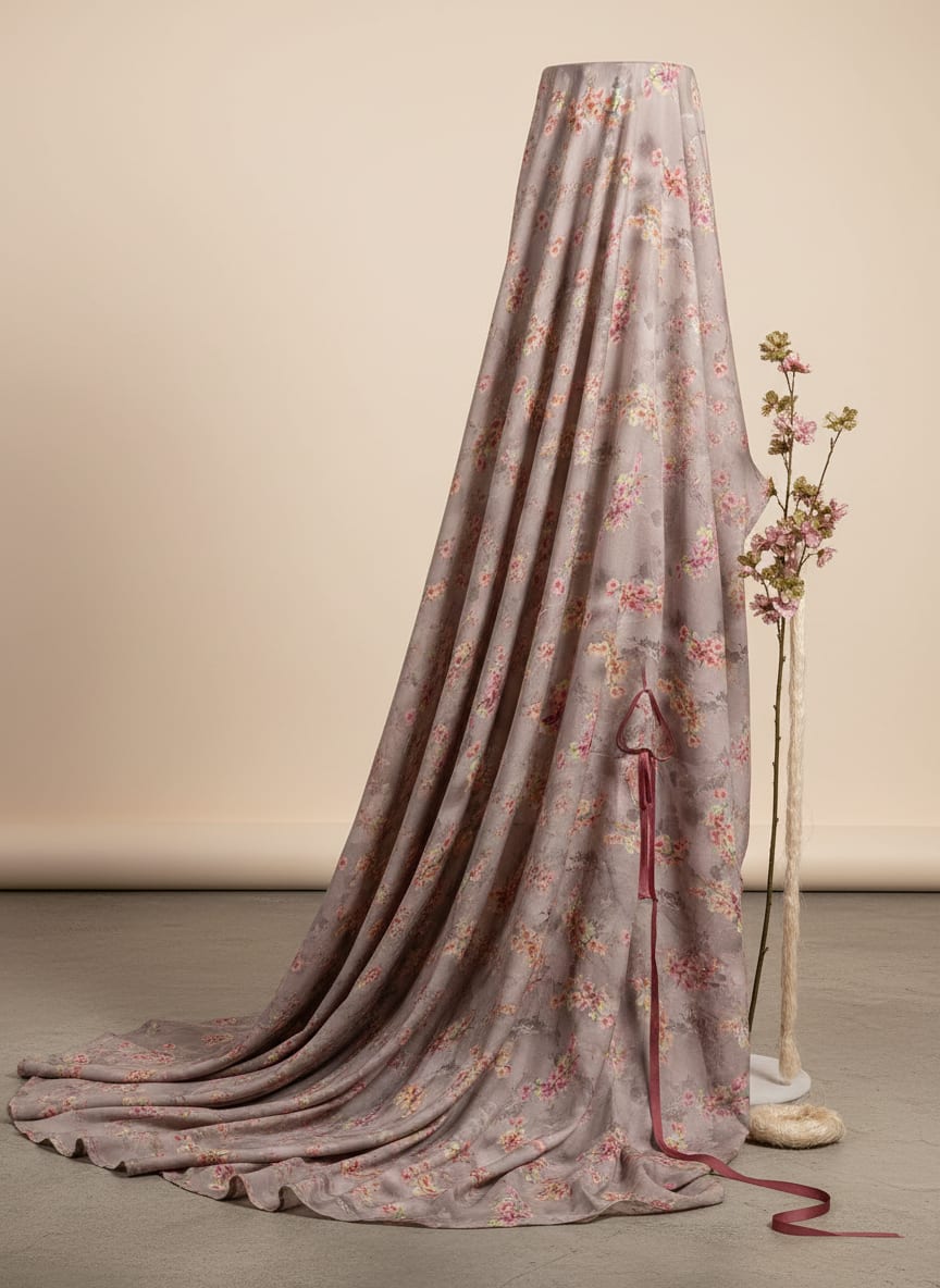Grey Watercolour Blossom Floral Pure Muslin Digital Printed Fabric
