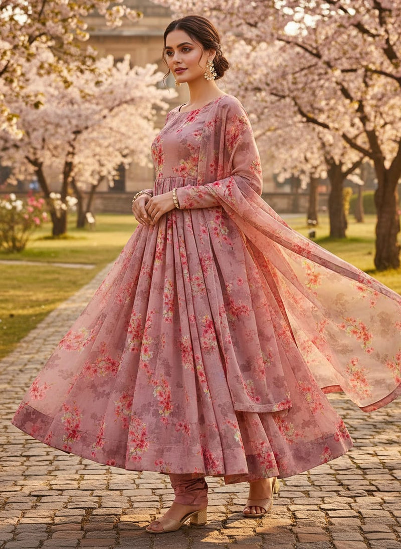 Pink Cherry Blossom Floral Pure Georgette Digital Printed Fabric