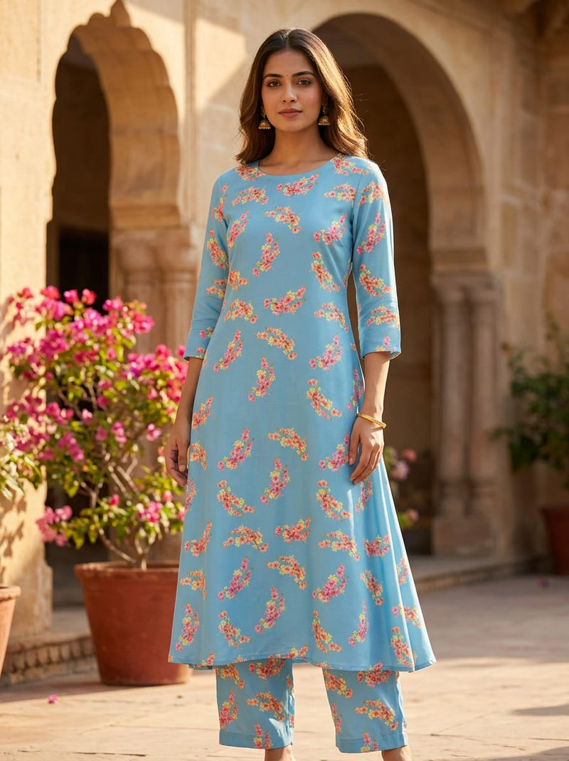 Blue Ditsy Cherry Blossom Floral Kora Silk Digital Printed Fabric