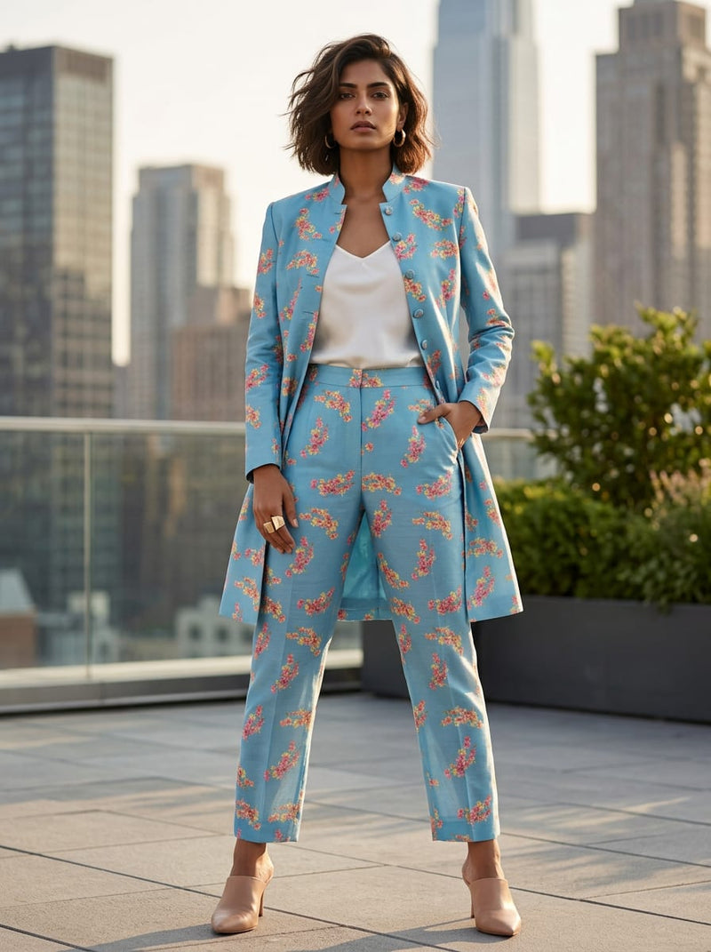 Blue Ditsy Cherry Blossom Floral Kora Silk Digital Printed Fabric