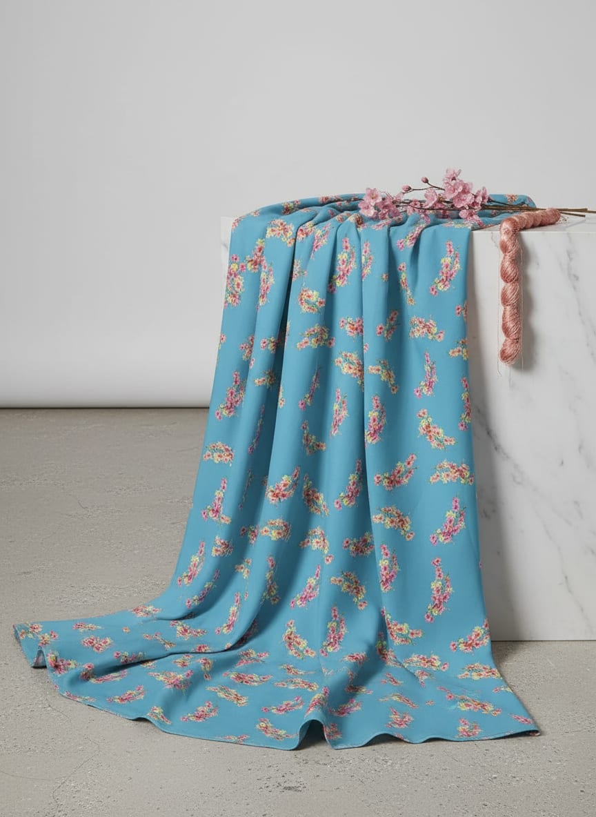 Blue Dainty Cherry Blossom Floral Silk Crepe Digital Printed Fabric