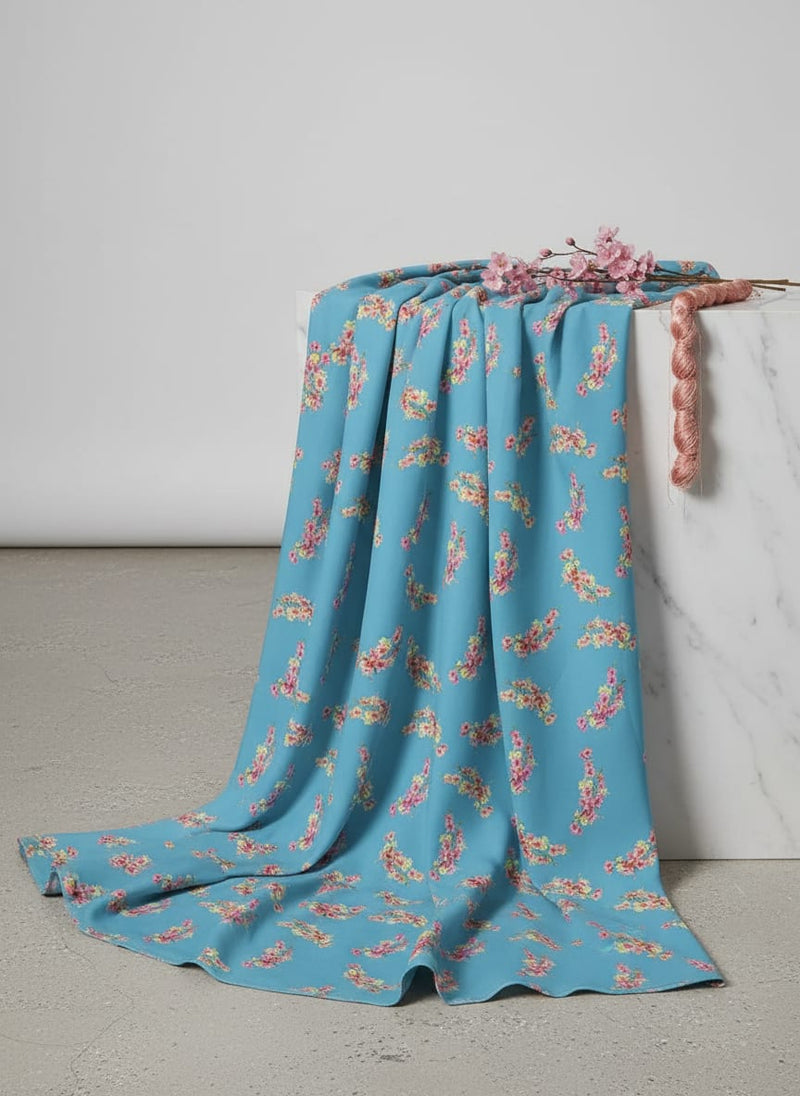 Blue Dainty Cherry Blossom Floral Silk Crepe Digital Printed Fabric