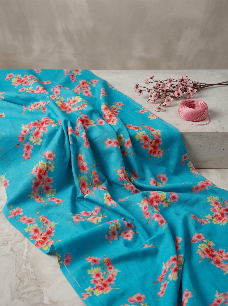 Blue Cherry Blossom Floral Pure Cotton Digital Printed Fabric