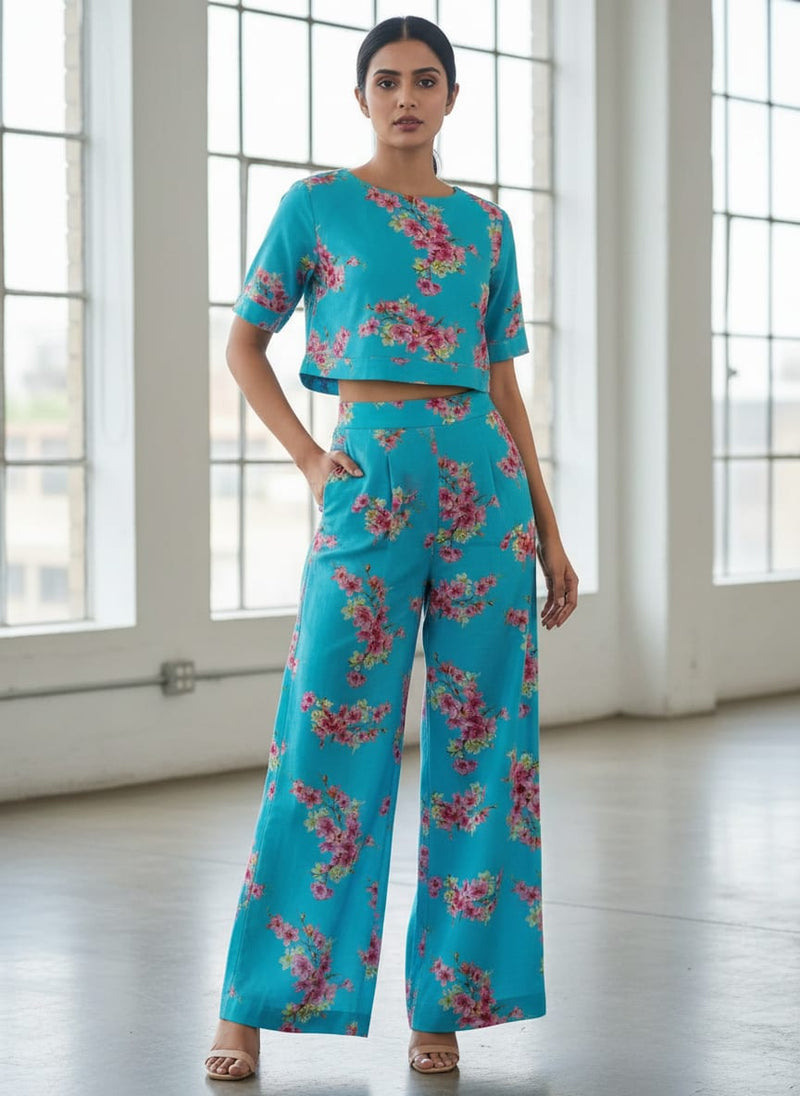 Blue Cherry Blossom Floral Pure Cotton Digital Printed Fabric