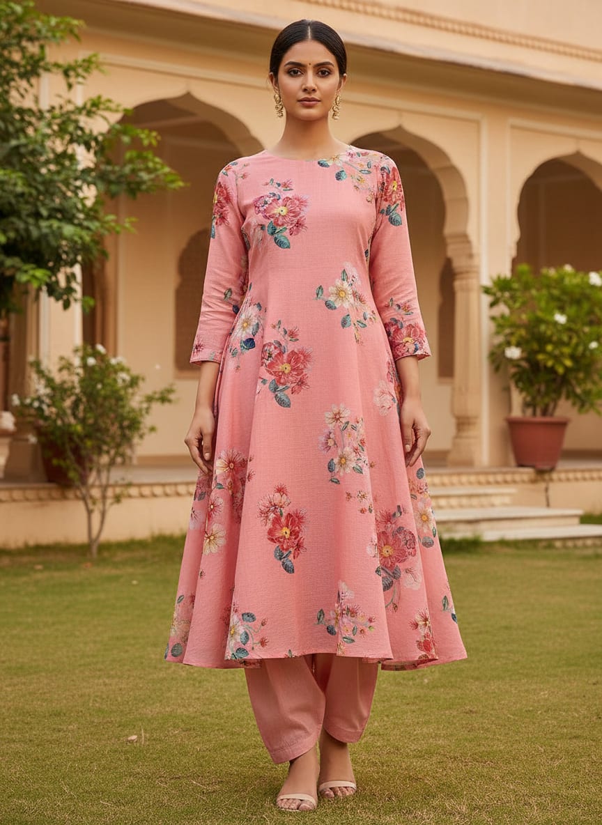 Pink and Multicolor Dainty Floral Bouquets Muslin Digital Printed Fabric