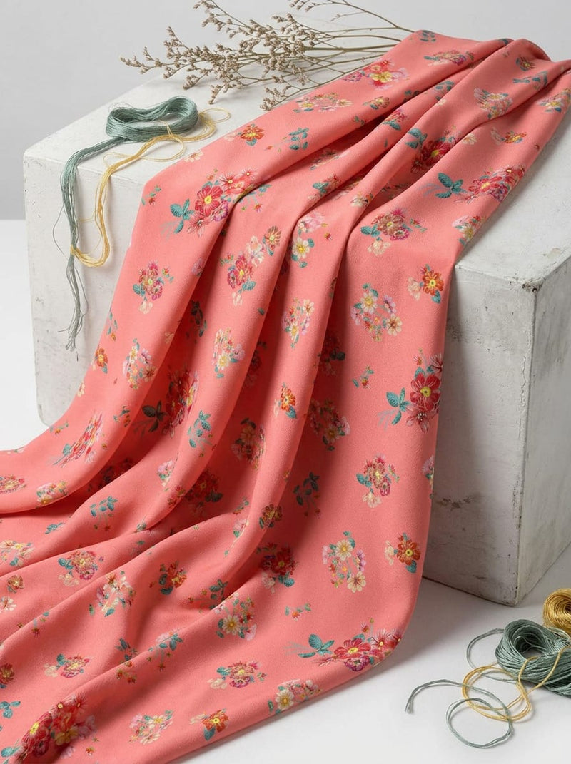 Peach Ditsy Floral Bouquets Silk Crepe Digital Printed Fabric