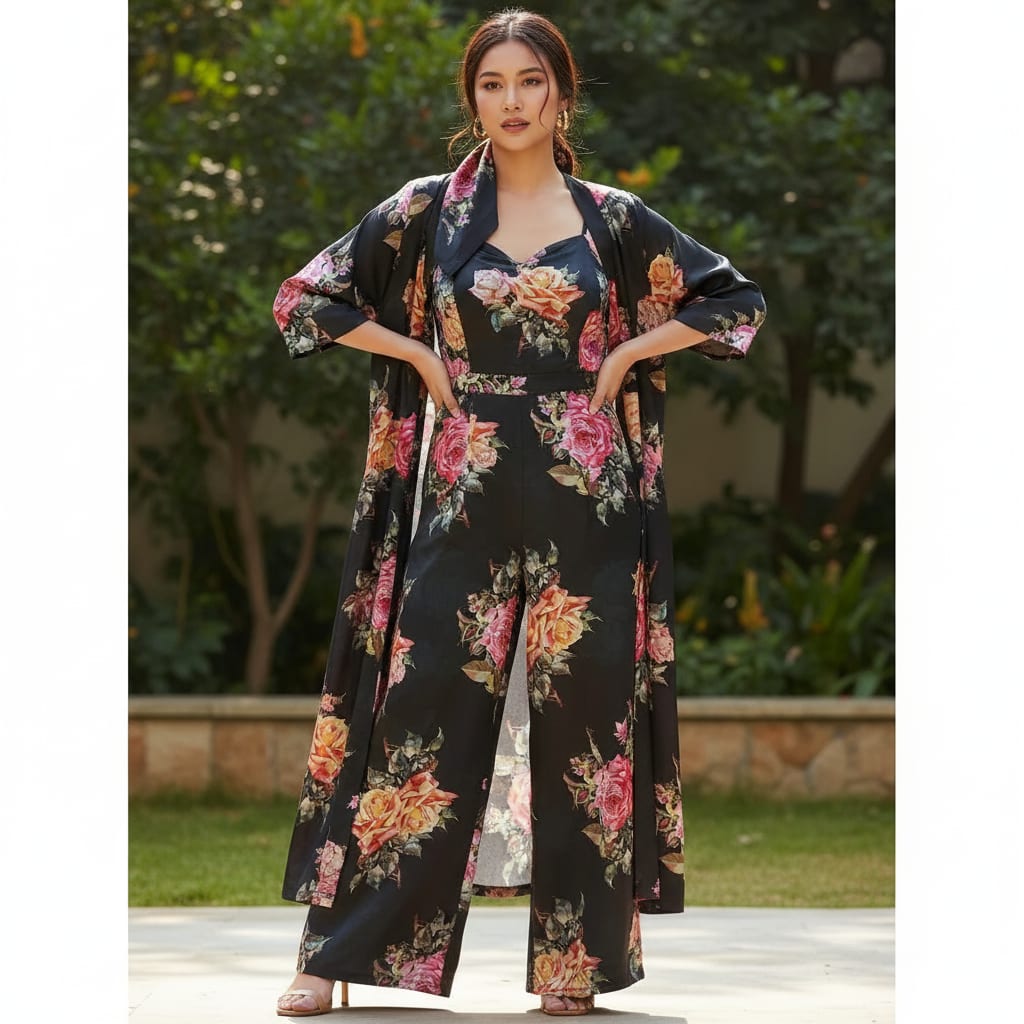 Black Realistic Rose Floral Bouquet Japan Satin Digital Printed Fabric