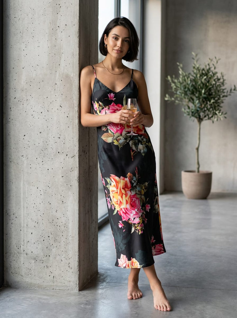 Black Realistic Rose Floral Bouquet Japan Satin Digital Printed Fabric