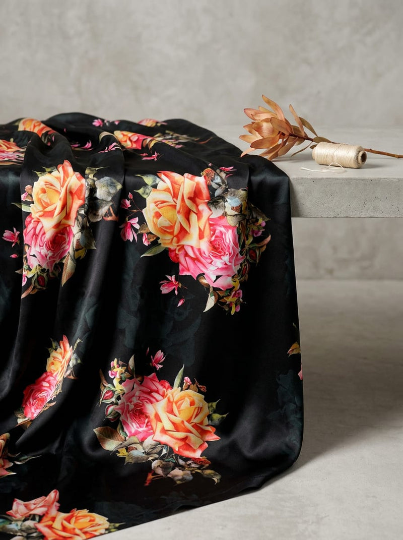 Black Realistic Rose Floral Bouquet Japan Satin Digital Printed Fabric
