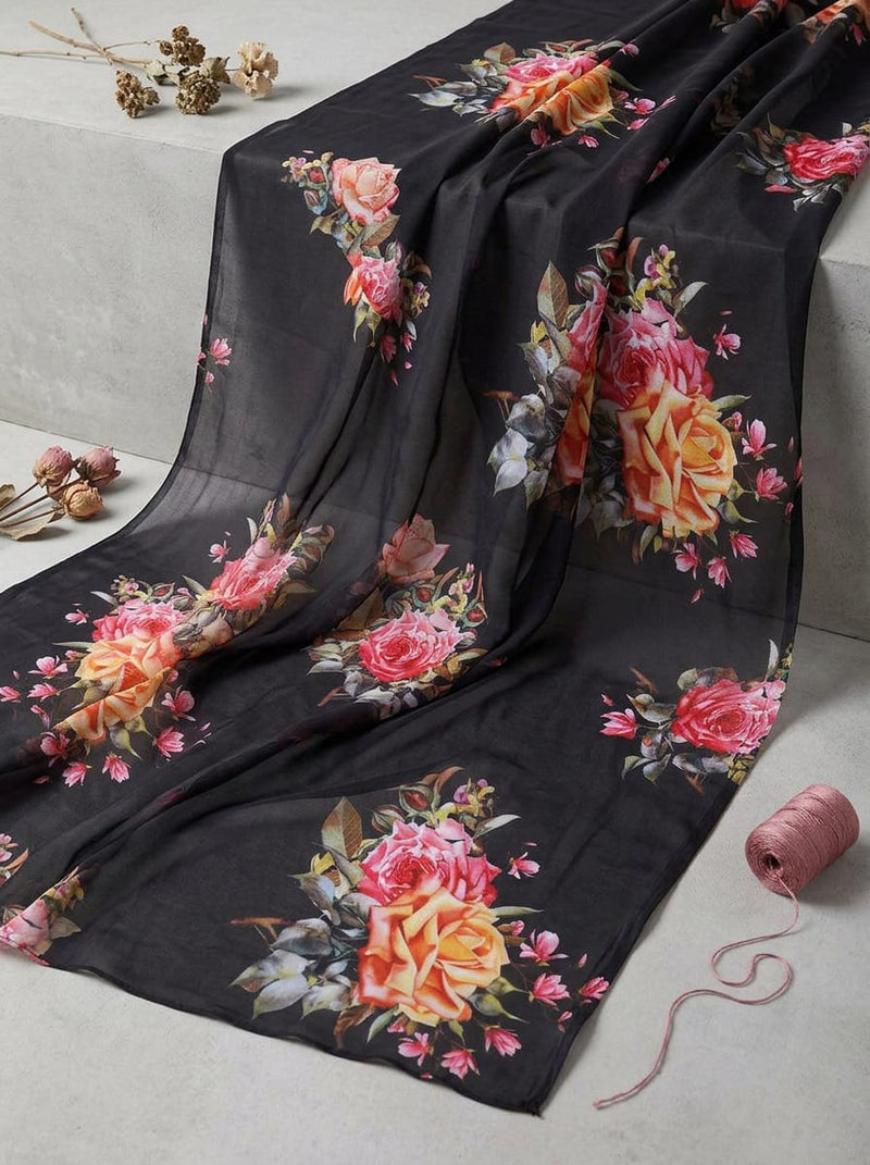 Black Vibrant Botanical Rose Bouquets Weightless Digital Printed Fabric
