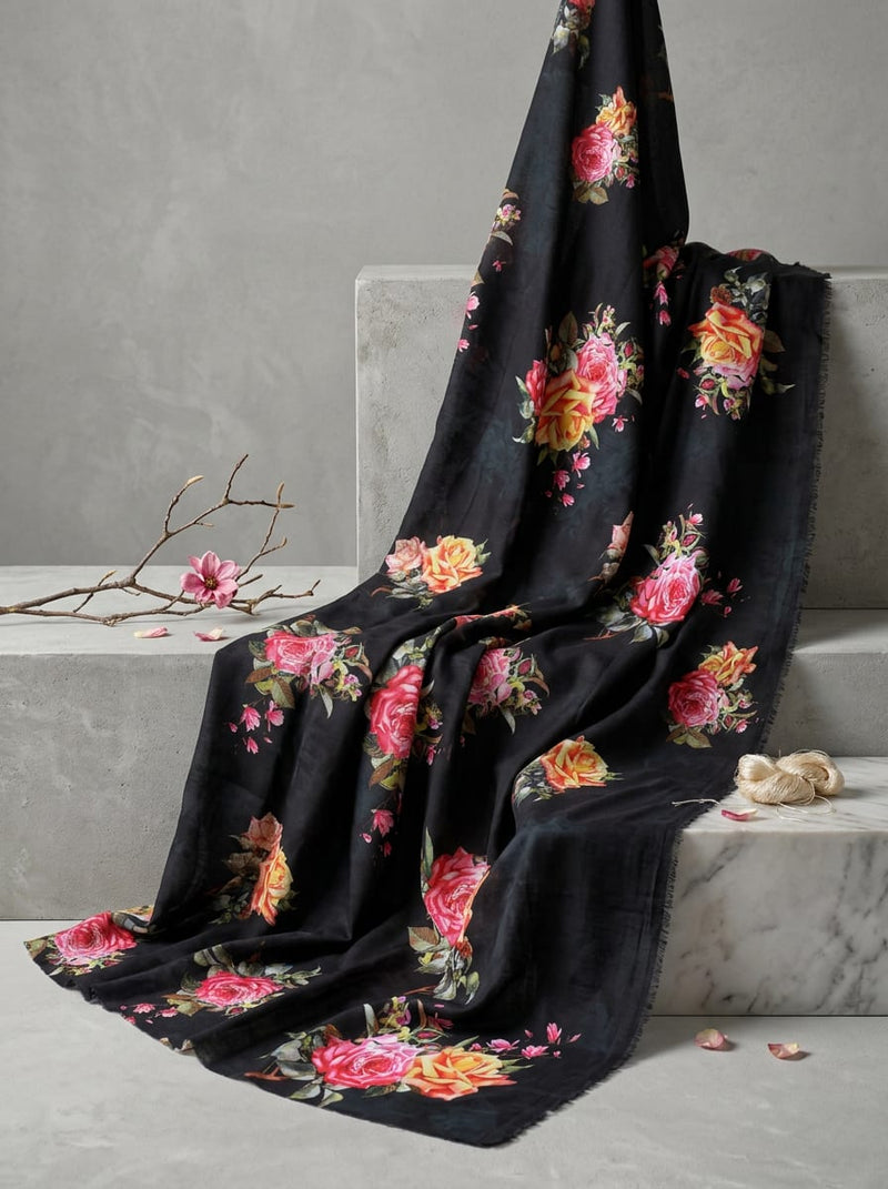 Black Painterly Rose Floral Bouquet Muslin Digital Printed Fabric