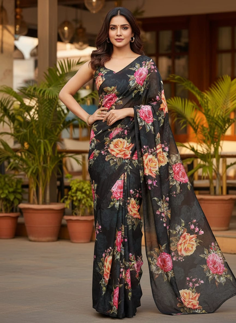 Dominant Yellow And Red Rose Digital Printed Fabric - Crepe