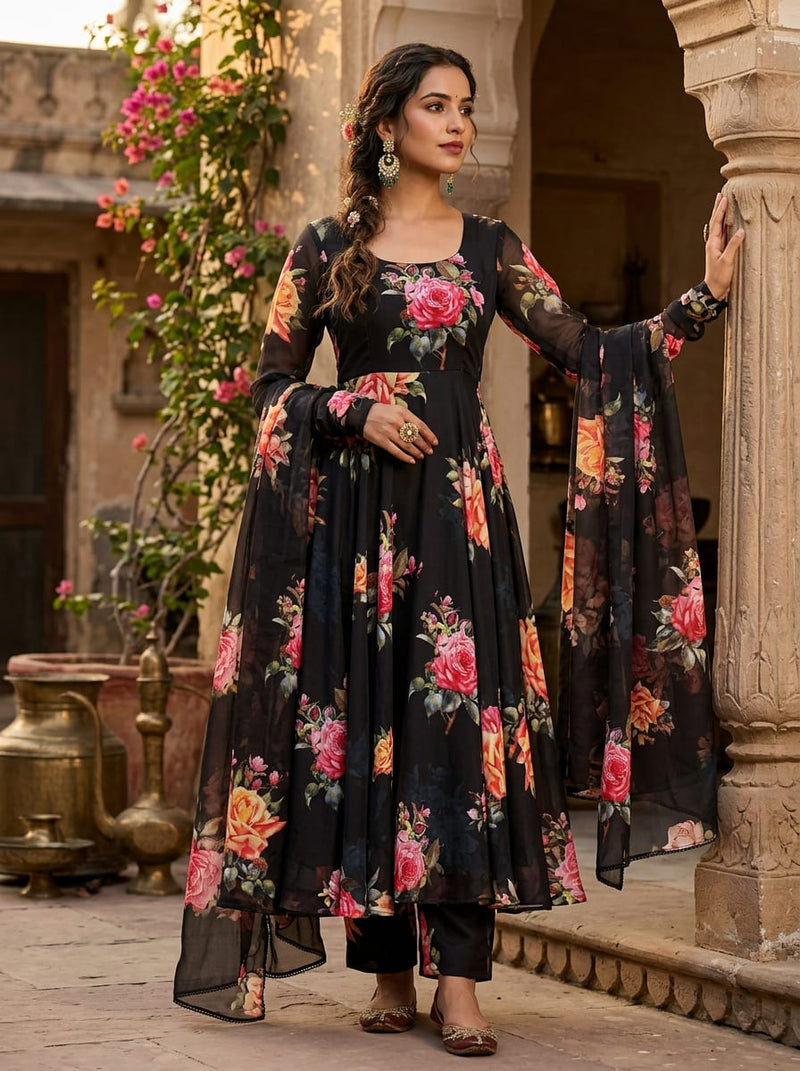 Multicolor Painterly Rose Bouquets Silk Crepe Digital Printed Fabric
