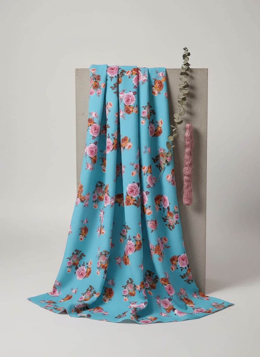 Blue Vintage Rose Floral Kora Silk Digital Printed Fabric
