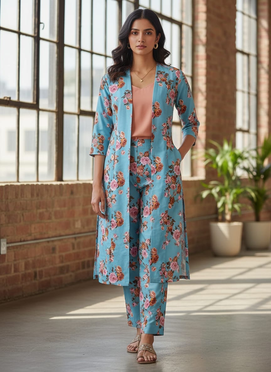 Blue Vintage Rose Floral Kora Silk Digital Printed Fabric