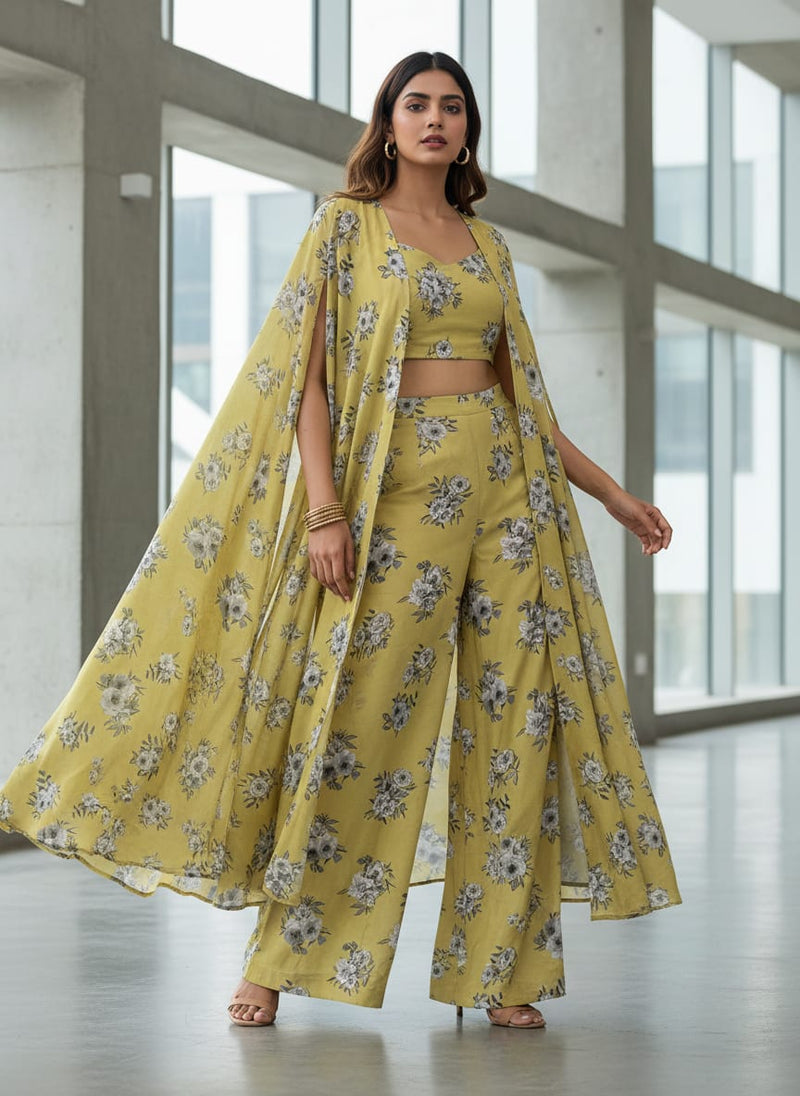Yellow Grey Scale Floral Bouquets Tusser Silk Digital Printed Fabric