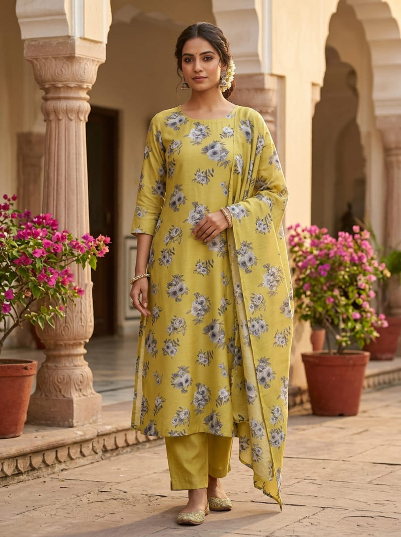 Yellow Grey Scale Floral Bouquets Tusser Silk Digital Printed Fabric