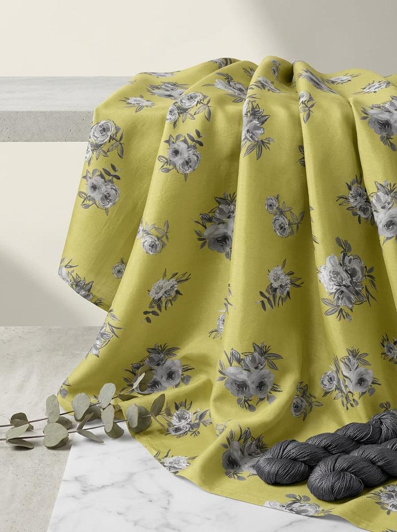 Yellow Grey Scale Floral Bouquets Tusser Silk Digital Printed Fabric