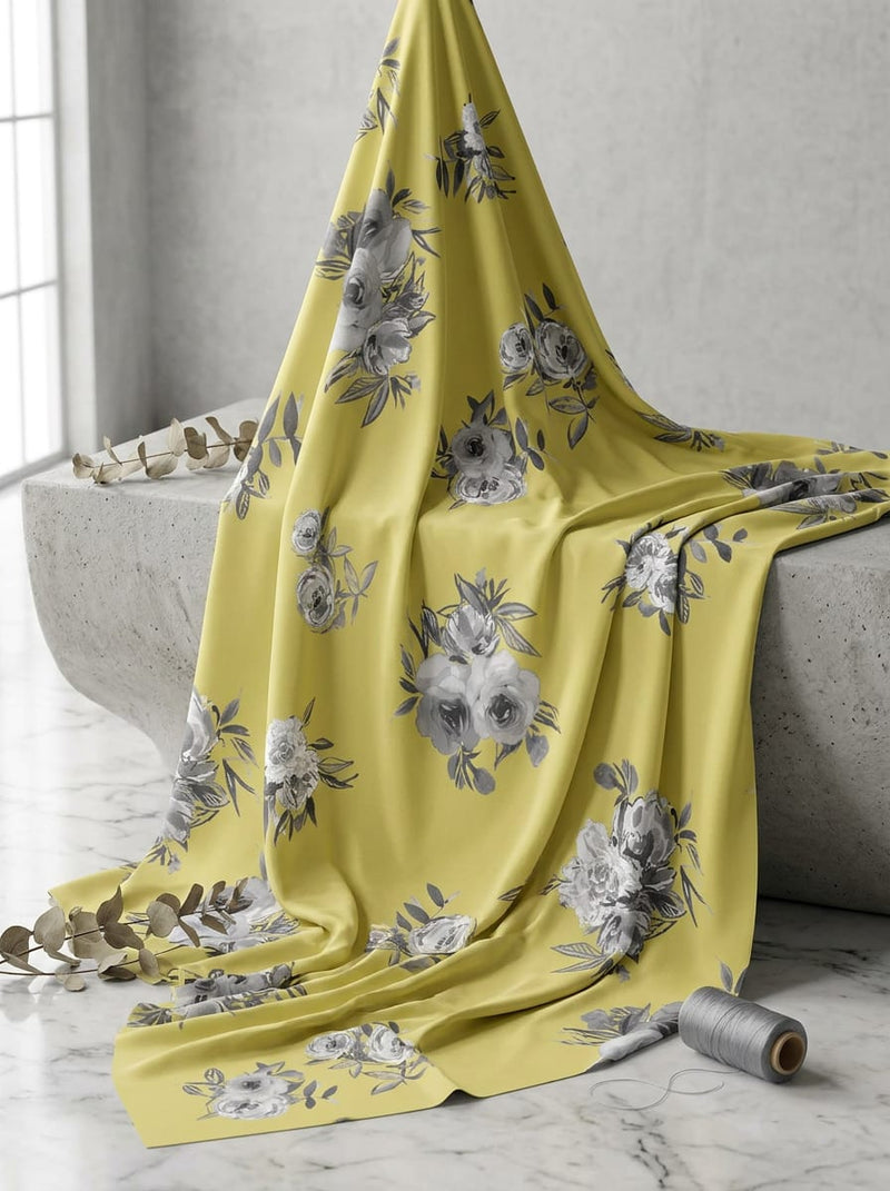 Yellow Grey Scale Floral Bouquets Weightless Digital Printed Fabric