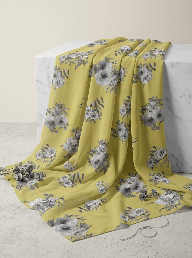 Yellow Grey Rose Floral Bouquet Pure Muslin Digital Printed Fabric