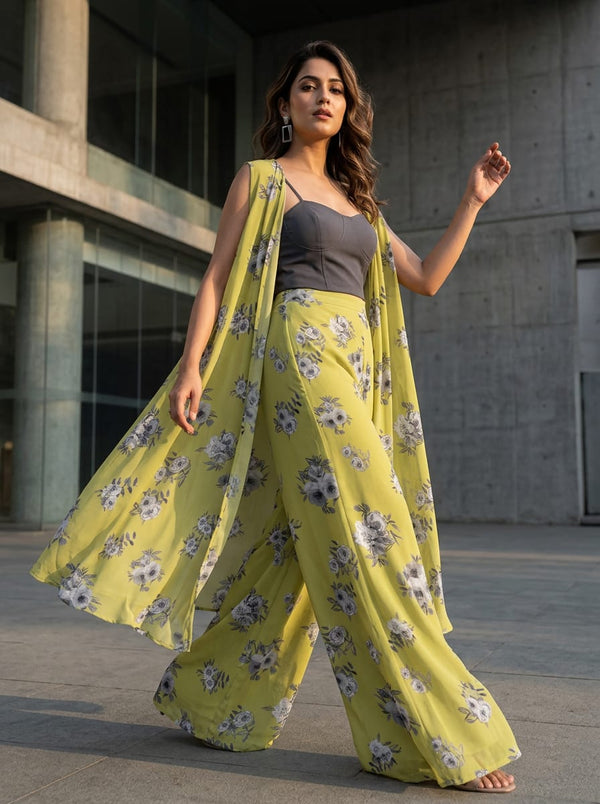 Yellow Greyscale Rose Floral Pure Georgette Digital Printed Fabric - Cape with Palazzo Lookbook - PG-0-TA08289P3-110 - alternate view