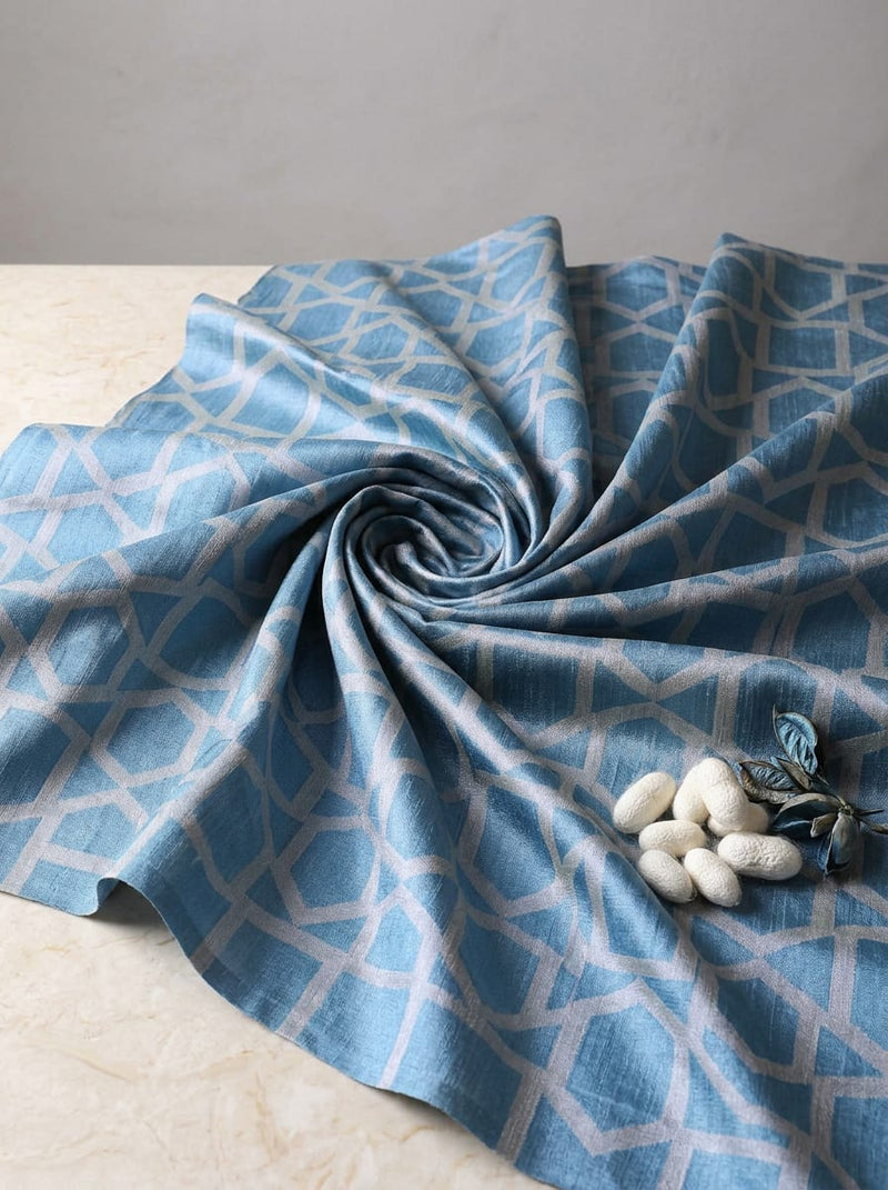 Blue Geometric Hexagon Lattice Tusser Silk Digital Printed Fabric