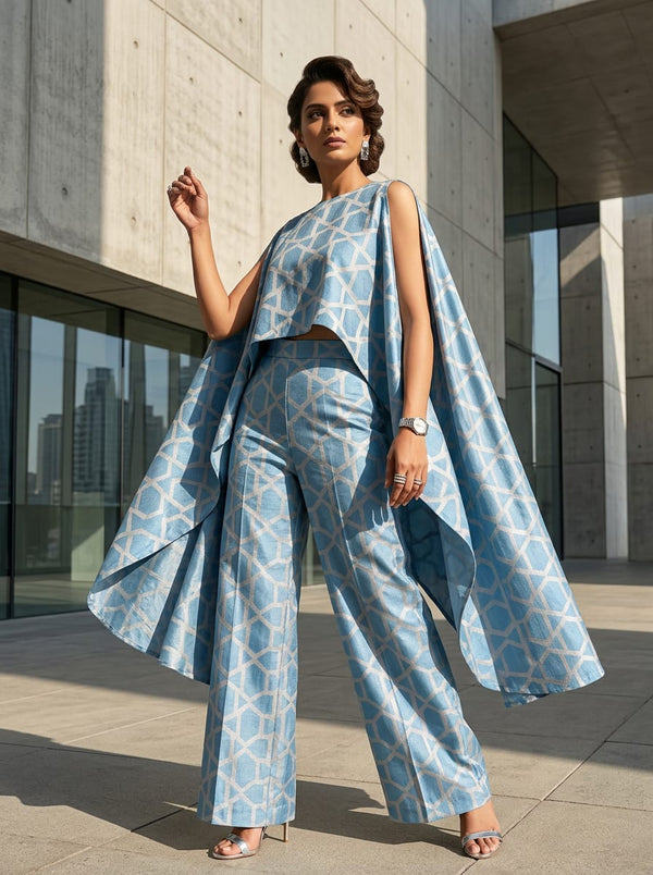 Blue Geometric Hexagon Lattice Tusser Silk Digital Printed Fabric - Cape with Palazzo Lookbook - TS-0-TA08300-110 - alternate view