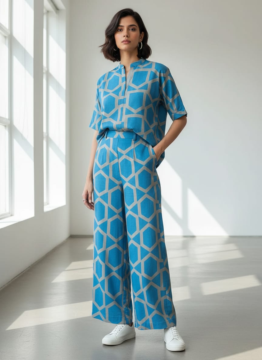 Blue Geometric Trellis Pattern Pure Cotton Digital Printed Fabric