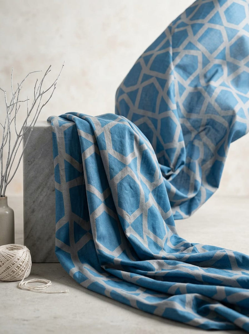 Blue Geometric Trellis Pattern Pure Cotton Digital Printed Fabric