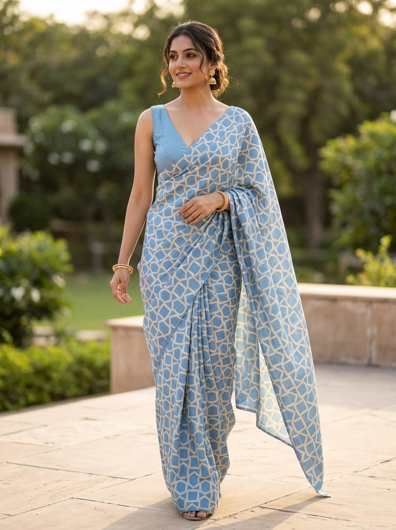 Blue Ethnic Geometric Lattice Upada Silk Digital Printed Fabric