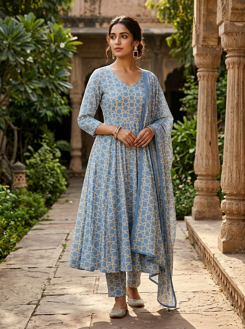 Blue Ethnic Geometric Lattice Upada Silk Digital Printed Fabric