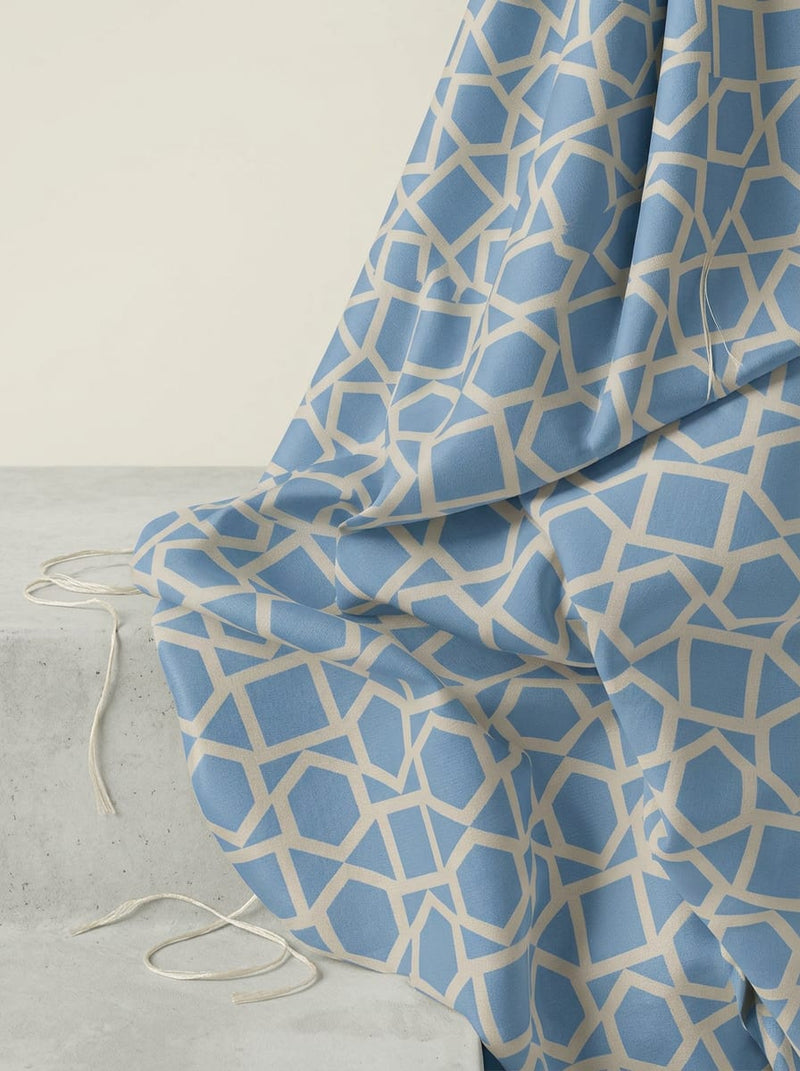 Blue Ethnic Geometric Lattice Upada Silk Digital Printed Fabric