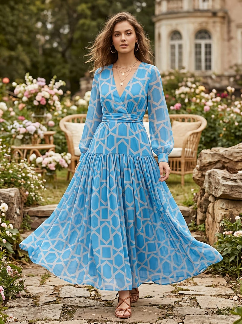 Blue Geometric Lattice Print Pure Georgette Digital Printed Fabric