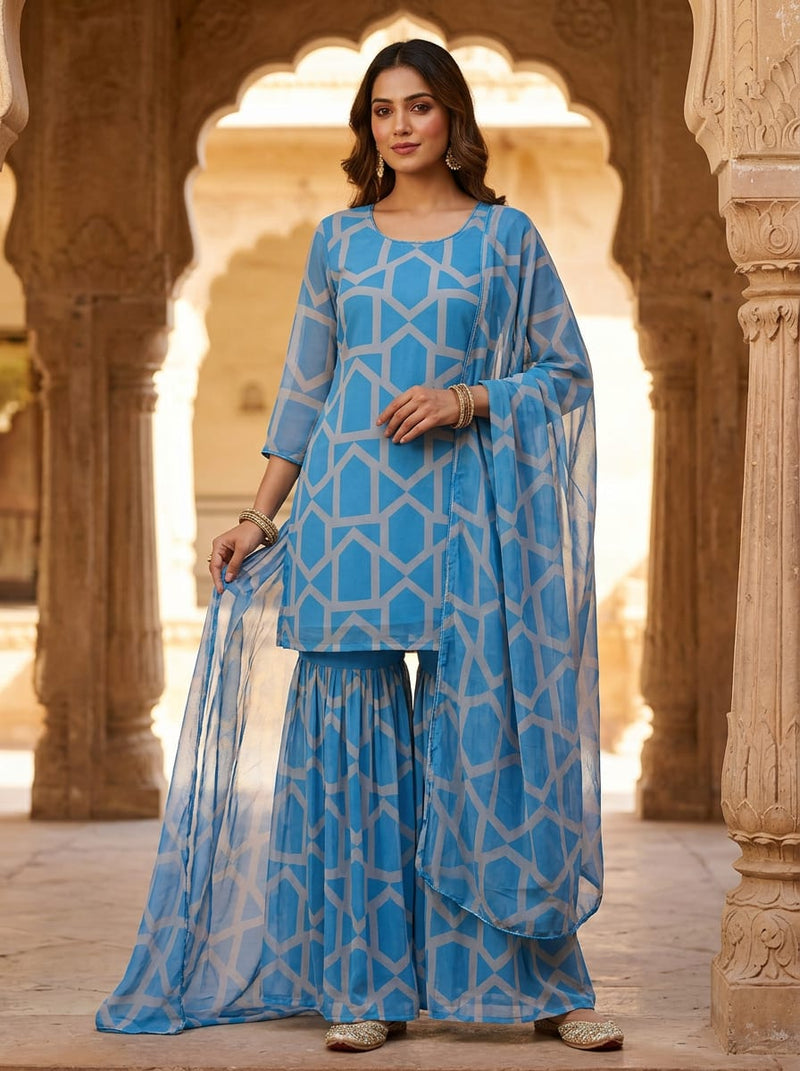 Blue Geometric Lattice Print Pure Georgette Digital Printed Fabric