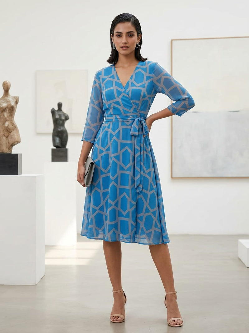 Blue Geometric Lattice Print Pure Georgette Digital Printed Fabric