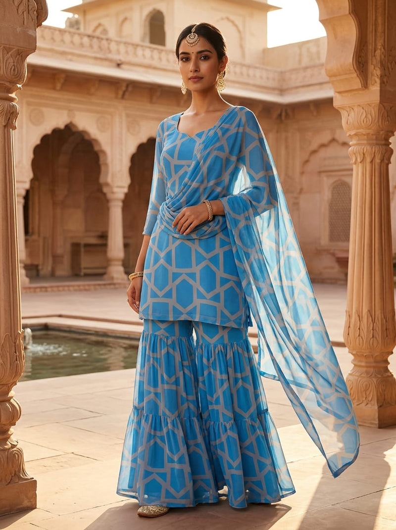 Blue Geometric Lattice Print Pure Georgette Digital Printed Fabric