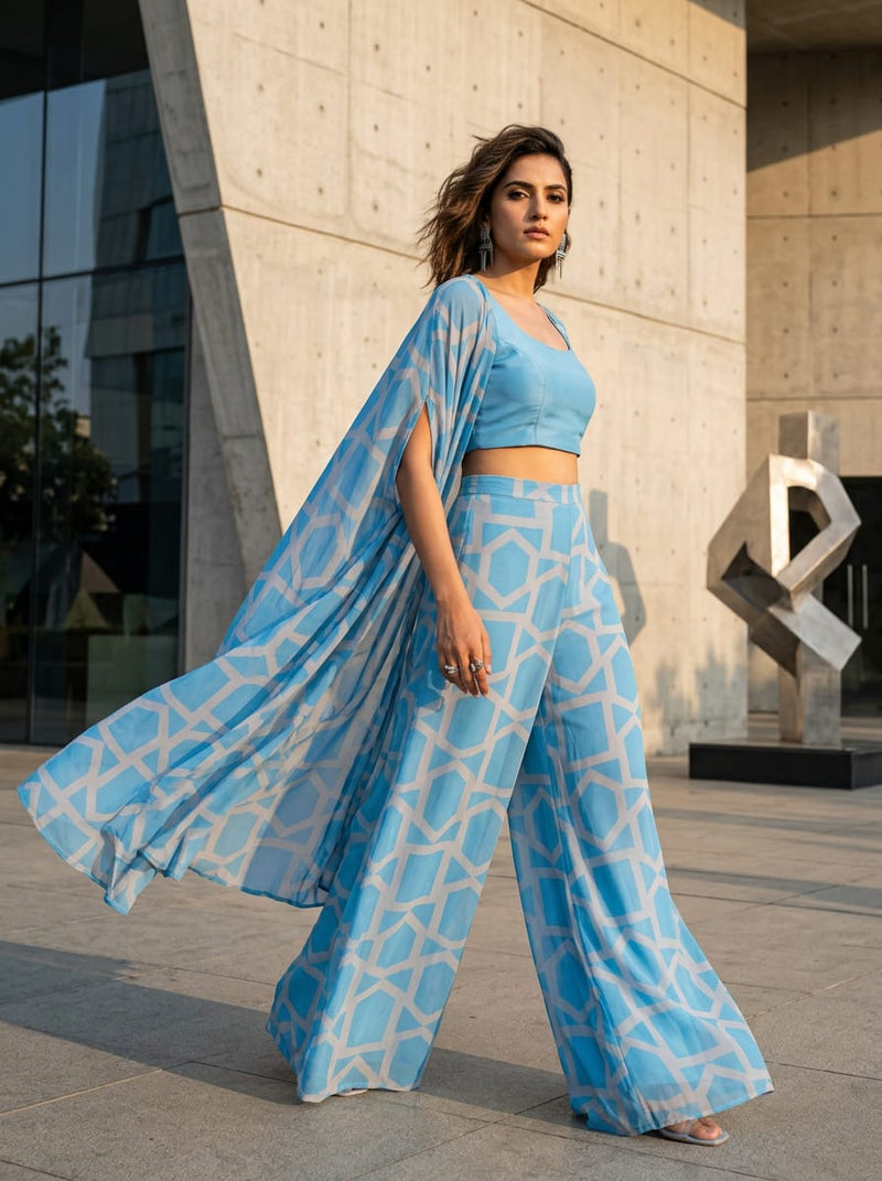 Blue Geometric Lattice Print Pure Georgette Digital Printed Fabric