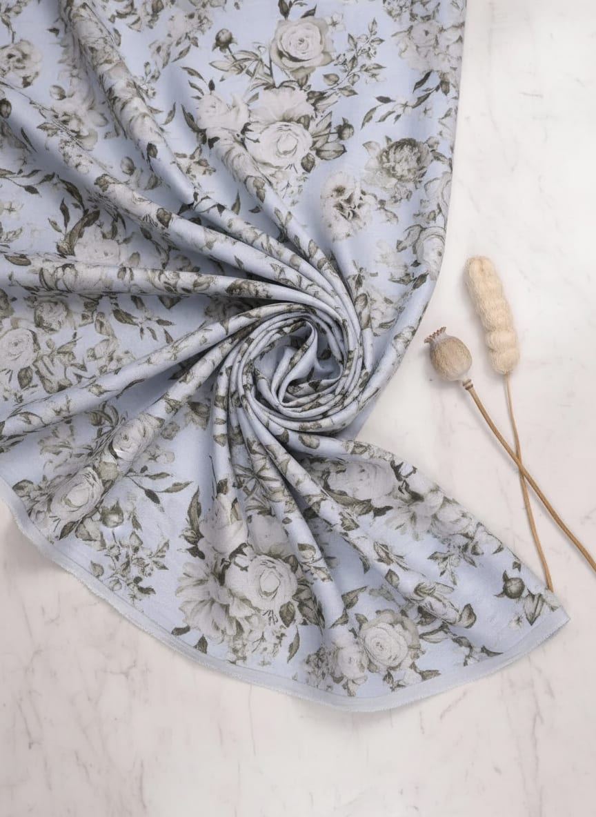 Blue Vintage Grey Floral Kora Silk Digital Printed Fabric
