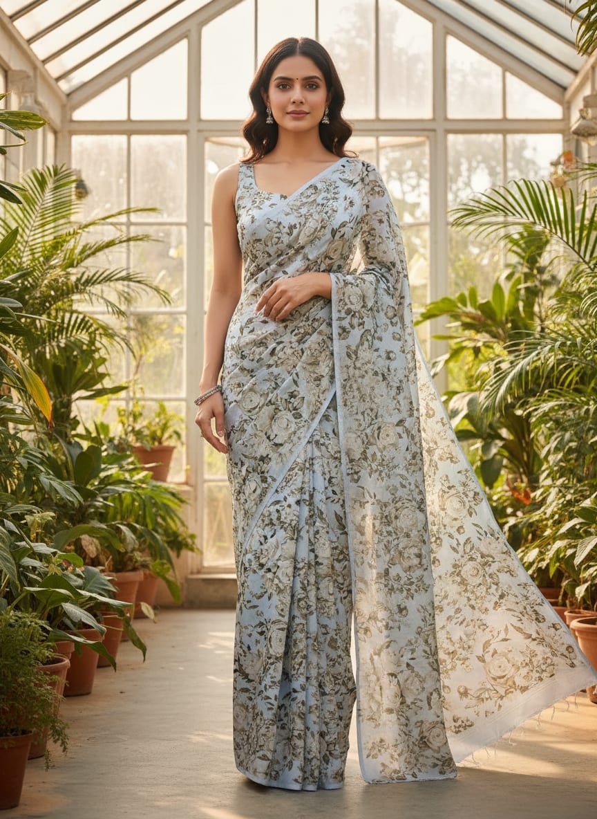 Blue Vintage Grey Floral Kora Silk Digital Printed Fabric