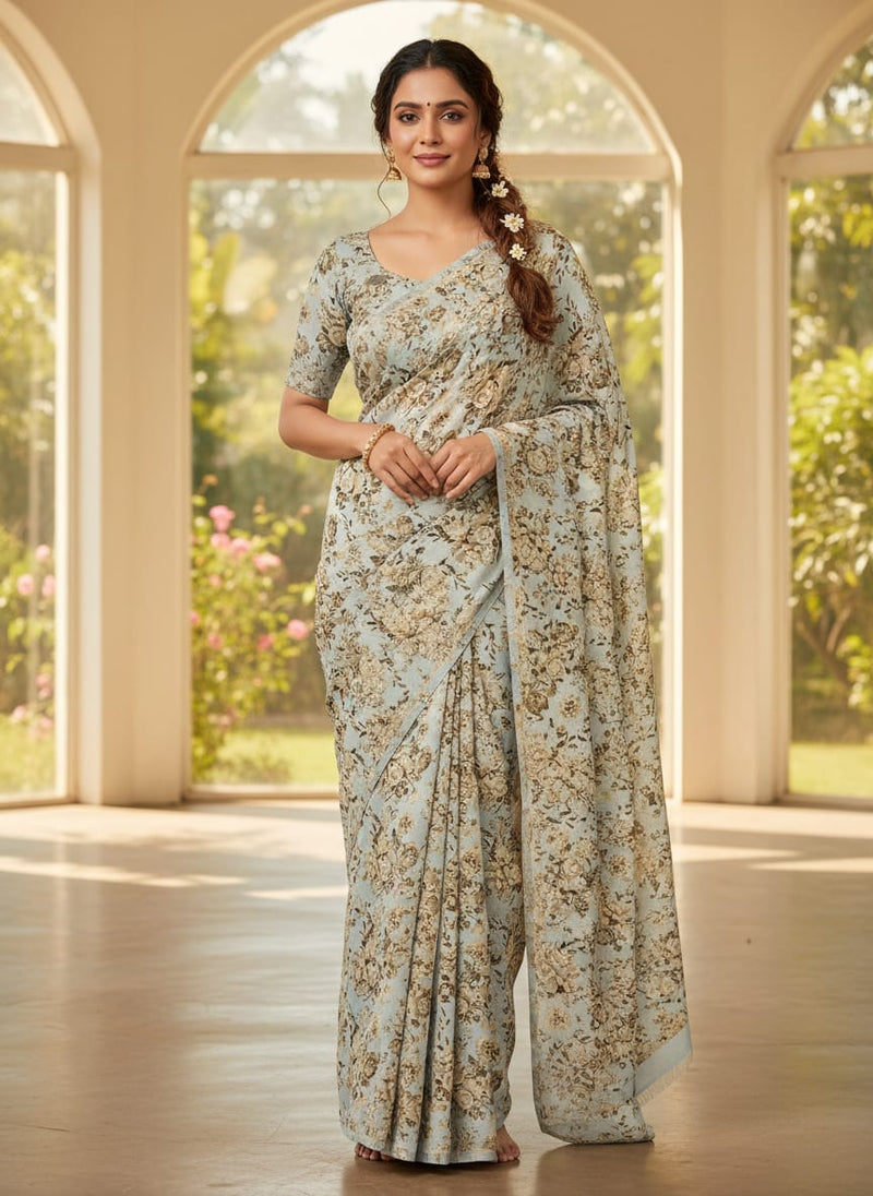 Floral Bright Golden Floral Digital Printed Fabric - Crepe