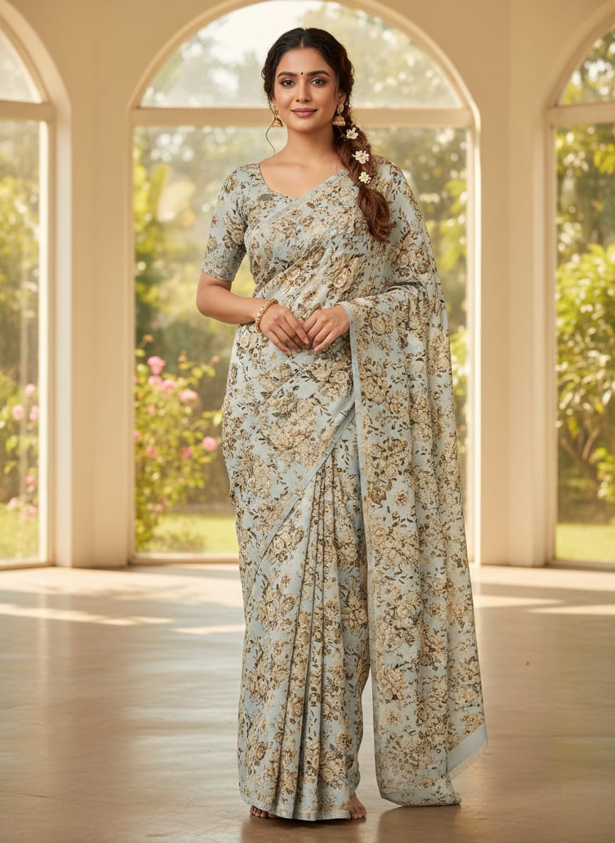 Floral Bright Golden Floral Digital Printed Fabric - Crepe