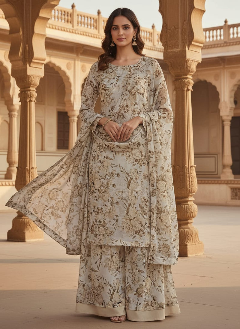 Floral Bright Golden Floral Digital Printed Fabric - Pure Georgette