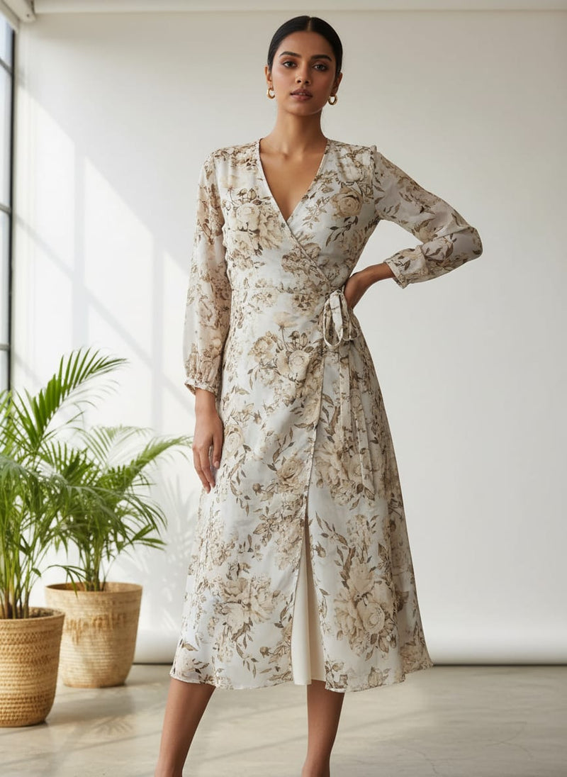 Floral Bright Golden Floral Digital Printed Fabric - Pure Georgette